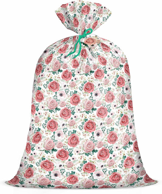 56" Large Plastic Gift Bag - Pink Floral Jumbo Bike Bag Gift Wrap for Birthdays, Mother's Day, Wedding, Baby Shower, Parties, or Any Occasion - 56" H x 36" W