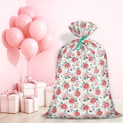 56" Large Plastic Gift Bag - Pink Floral Jumbo Bike Bag Gift Wrap for Birthdays, Mother's Day, Wedding, Baby Shower, Parties, or Any Occasion - 56" H x 36" W