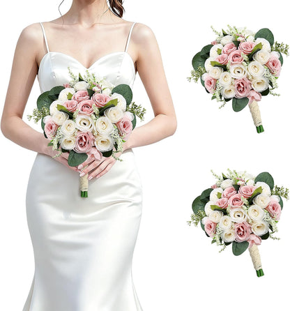 Dusty Pink & White Bridesmaids Bouquets for Wedding - Set of 2