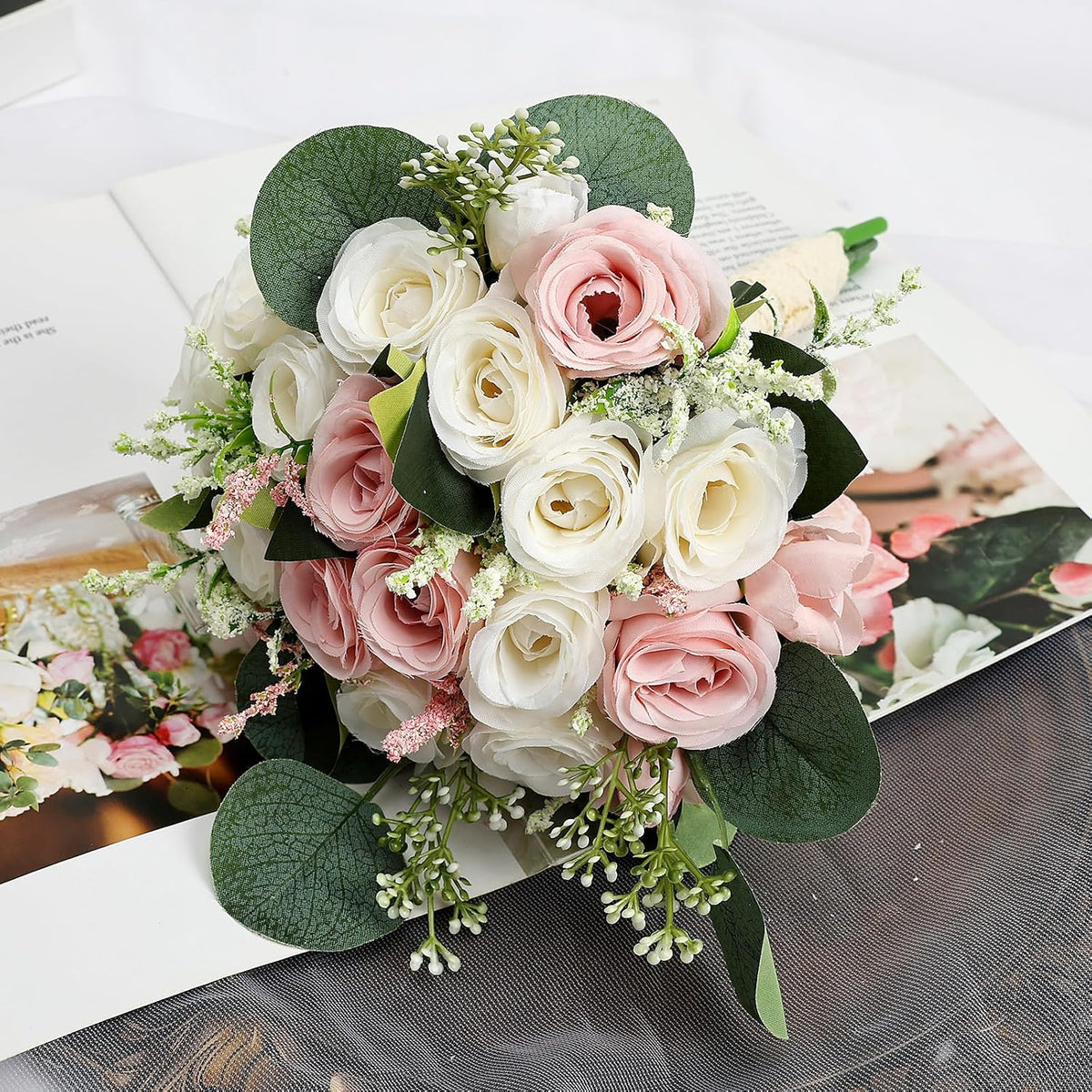 Dusty Pink & White Bridesmaids Bouquets for Wedding - Set of 2