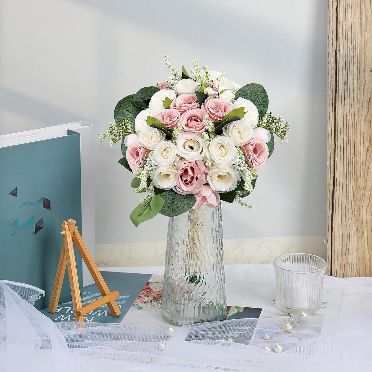 Dusty Pink & White Bridesmaids Bouquets for Wedding - Set of 2