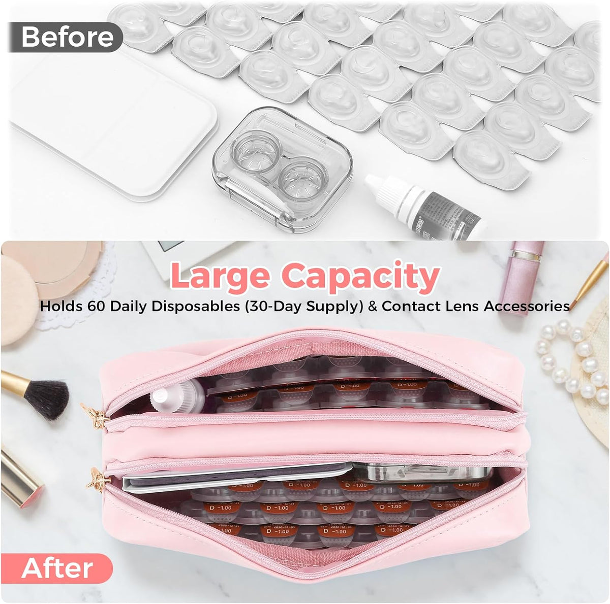 Daily Contact Lens Organizer Case – Waterproof Contact Lens Case for Travel or Home, Portable Contact Case with Clearly Labeled R & L for Disposable Lenses, Holds Up to 60 Disposable Lenses