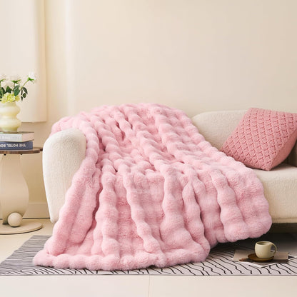 Soft Fluffy Faux Fur Throw Blanket 50"x60", Bubble Plush Texture