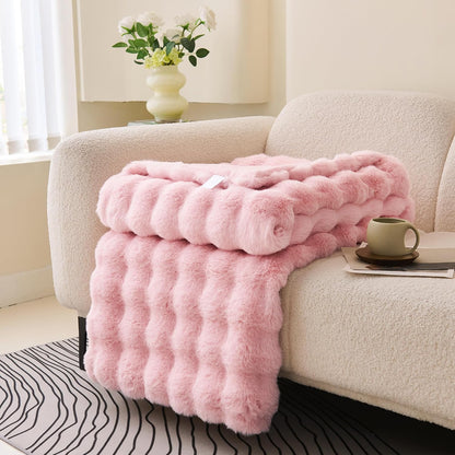 Soft Fluffy Faux Fur Throw Blanket 50"x60", Bubble Plush Texture
