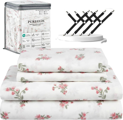 Queen Size Pink Floral Bed Sheet Set, 8-Piece 100% Microfiber Sheets, Ultra Soft Deep Pocket up to 16 Inch with 4 Corner Straps, Oeko-TEX Certified Wrinkle-Free Bedding (Pink, Queen)