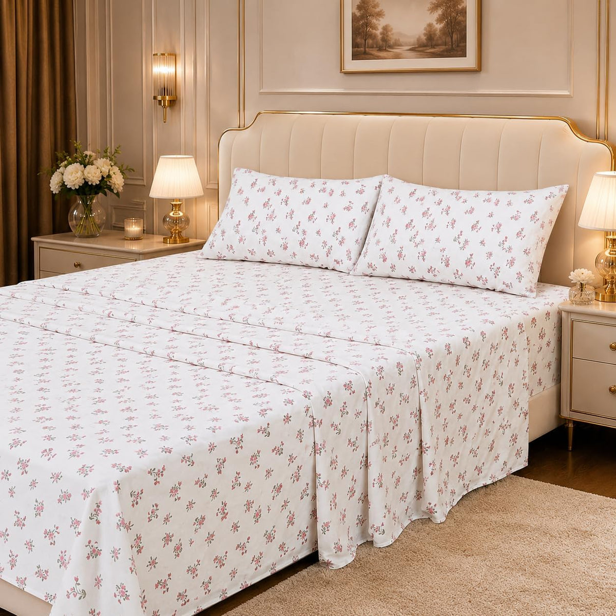 Queen Size Pink Floral Bed Sheet Set, 8-Piece 100% Microfiber Sheets, Ultra Soft Deep Pocket up to 16 Inch with 4 Corner Straps, Oeko-TEX Certified Wrinkle-Free Bedding (Pink, Queen)