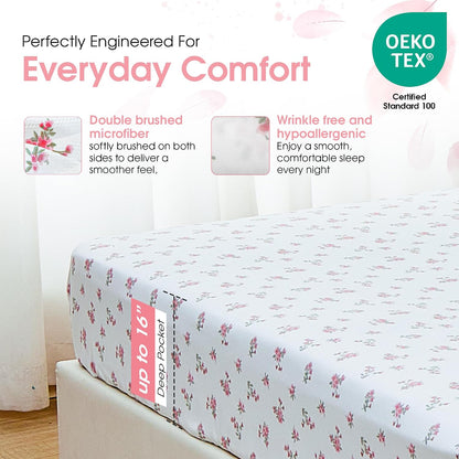 Queen Size Pink Floral Bed Sheet Set, 8-Piece 100% Microfiber Sheets, Ultra Soft Deep Pocket up to 16 Inch with 4 Corner Straps, Oeko-TEX Certified Wrinkle-Free Bedding (Pink, Queen)