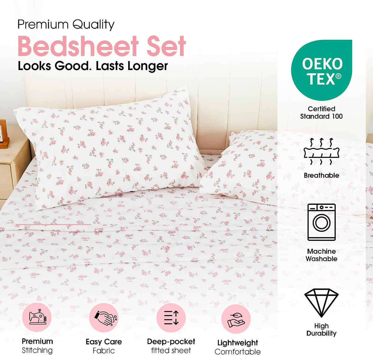 Queen Size Pink Floral Bed Sheet Set, 8-Piece 100% Microfiber Sheets, Ultra Soft Deep Pocket up to 16 Inch with 4 Corner Straps, Oeko-TEX Certified Wrinkle-Free Bedding (Pink, Queen)