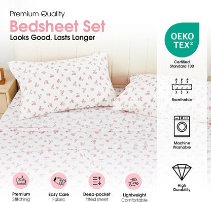Queen Size Pink Floral Bed Sheet Set, 8-Piece 100% Microfiber Sheets, Ultra Soft Deep Pocket up to 16 Inch with 4 Corner Straps, Oeko-TEX Certified Wrinkle-Free Bedding (Pink, Queen)