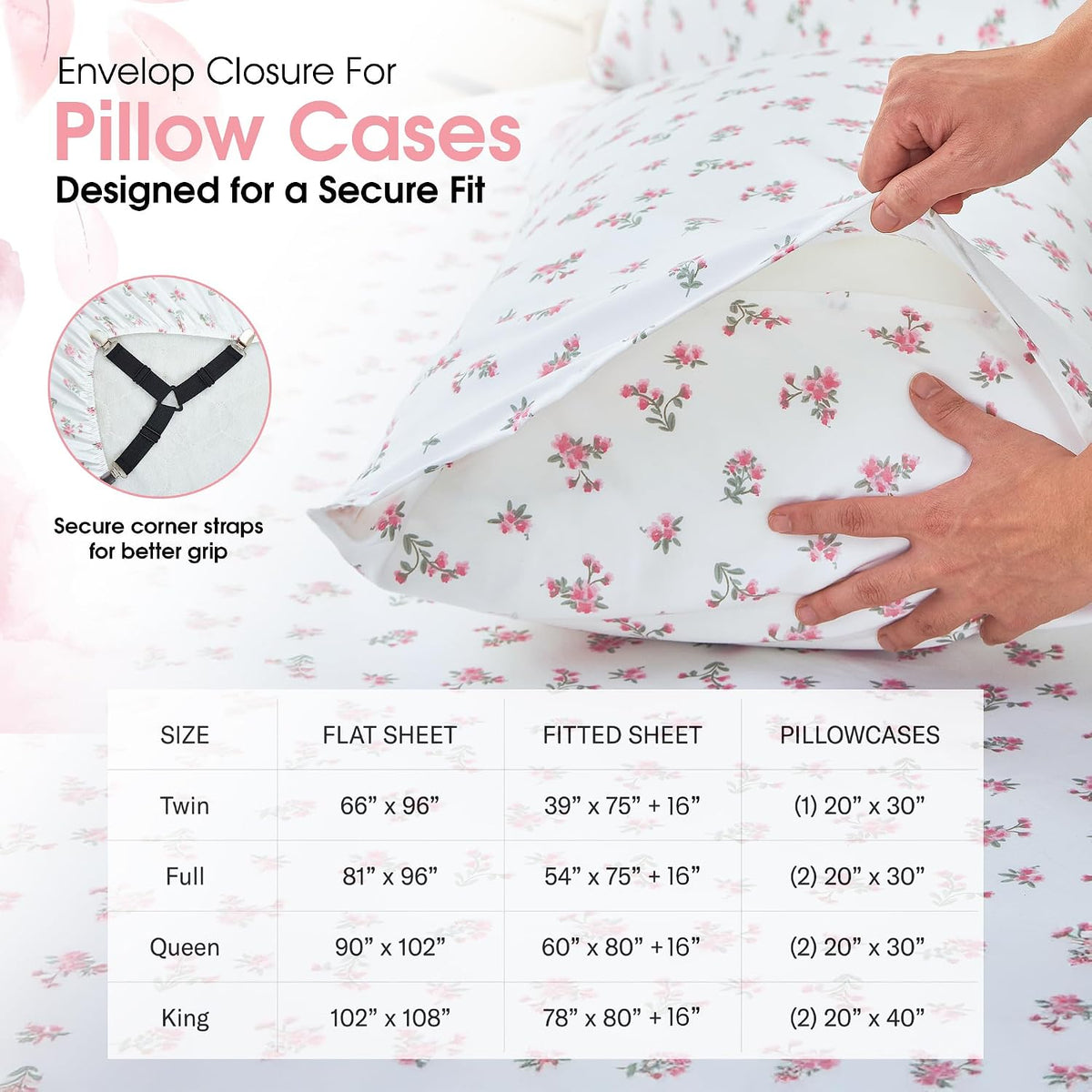 Queen Size Pink Floral Bed Sheet Set, 8-Piece 100% Microfiber Sheets, Ultra Soft Deep Pocket up to 16 Inch with 4 Corner Straps, Oeko-TEX Certified Wrinkle-Free Bedding (Pink, Queen)