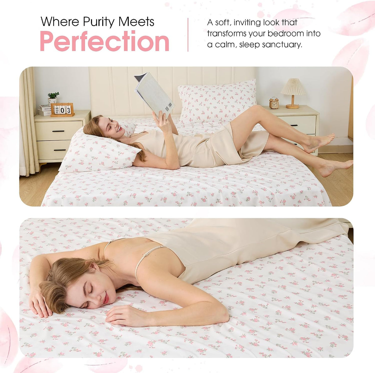 Queen Size Pink Floral Bed Sheet Set, 8-Piece 100% Microfiber Sheets, Ultra Soft Deep Pocket up to 16 Inch with 4 Corner Straps, Oeko-TEX Certified Wrinkle-Free Bedding (Pink, Queen)