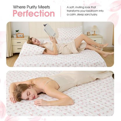 Queen Size Pink Floral Bed Sheet Set, 8-Piece 100% Microfiber Sheets, Ultra Soft Deep Pocket up to 16 Inch with 4 Corner Straps, Oeko-TEX Certified Wrinkle-Free Bedding (Pink, Queen)