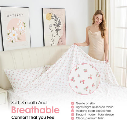 Queen Size Pink Floral Bed Sheet Set, 8-Piece 100% Microfiber Sheets, Ultra Soft Deep Pocket up to 16 Inch with 4 Corner Straps, Oeko-TEX Certified Wrinkle-Free Bedding (Pink, Queen)