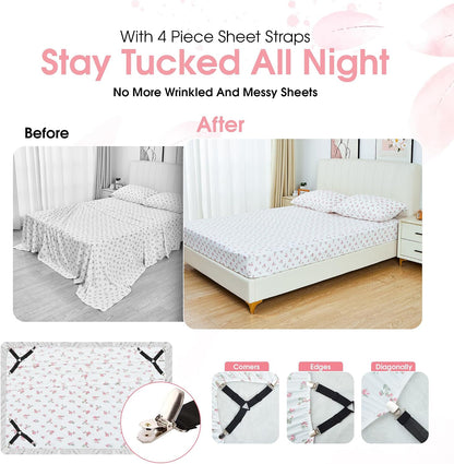 Queen Size Pink Floral Bed Sheet Set, 8-Piece 100% Microfiber Sheets, Ultra Soft Deep Pocket up to 16 Inch with 4 Corner Straps, Oeko-TEX Certified Wrinkle-Free Bedding (Pink, Queen)