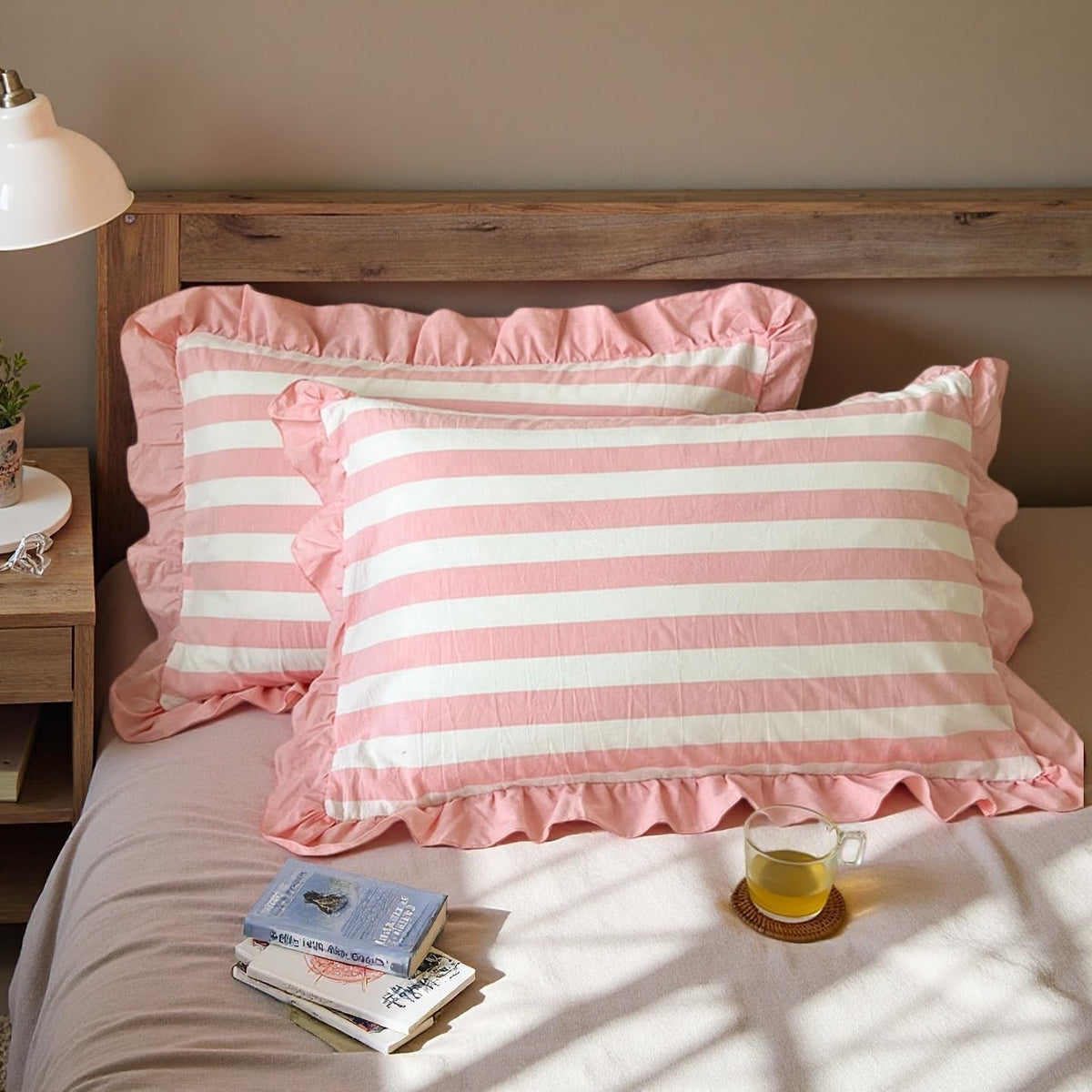 Cotton Ruffle Bold Striped Pink Pillowcases Set of 2 Soft Standard Size Sham Covers for Farmhouse Minimalist Bedding