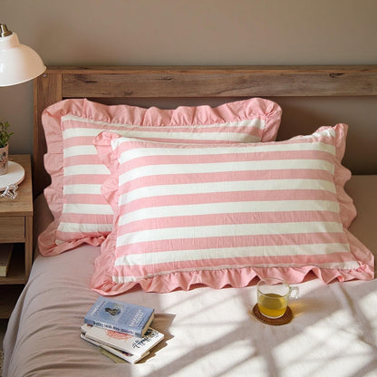 Cotton Ruffle Bold Striped Pink Pillowcases Set of 2 Soft Standard Size Sham Covers for Farmhouse Minimalist Bedding