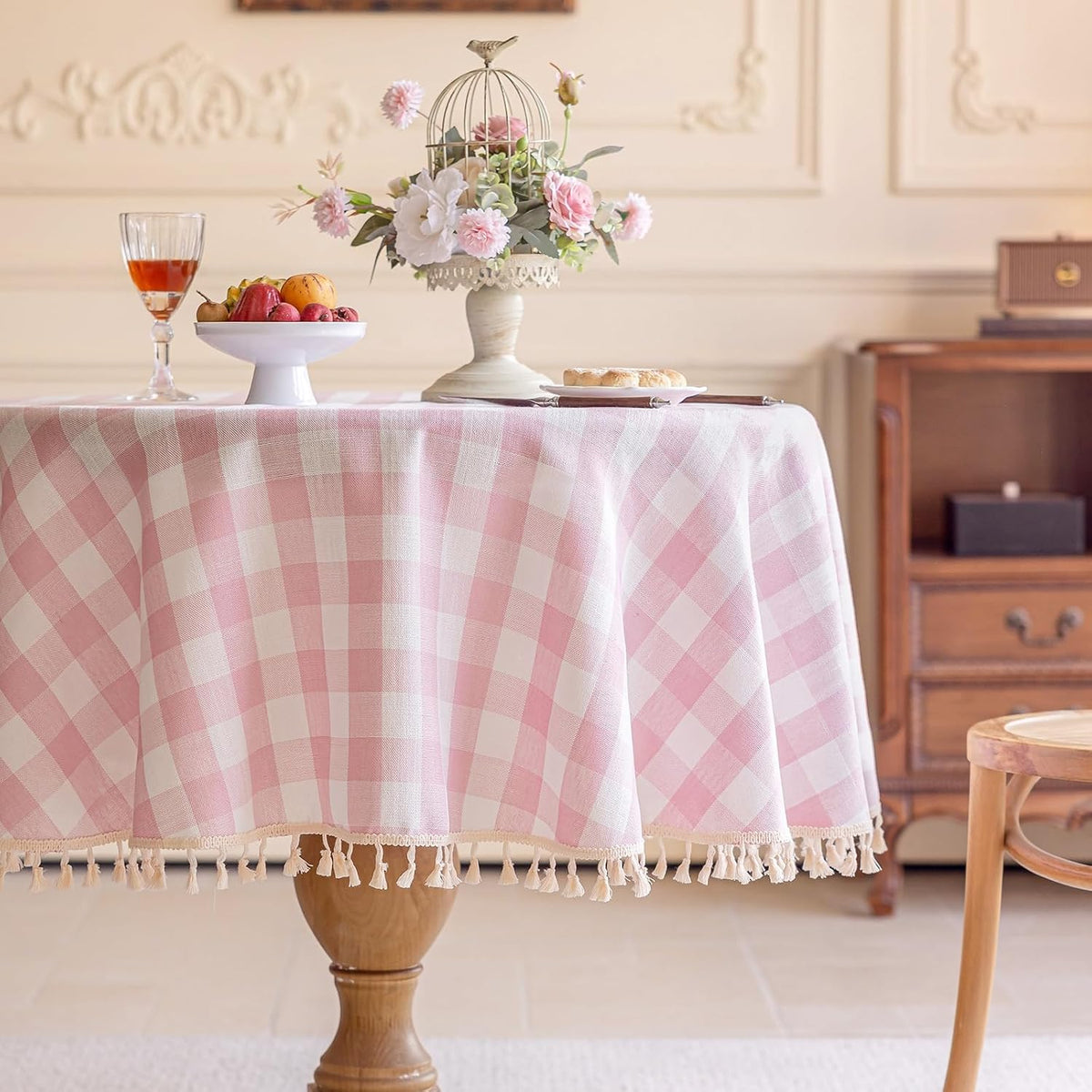 Pink Gingham Tablecloth Round 60 inch, Summer Washable Checkered Plaid Table Cloth Cotton Linen Fabric for Mothers Valentine's Day Outdoor Picnic Party