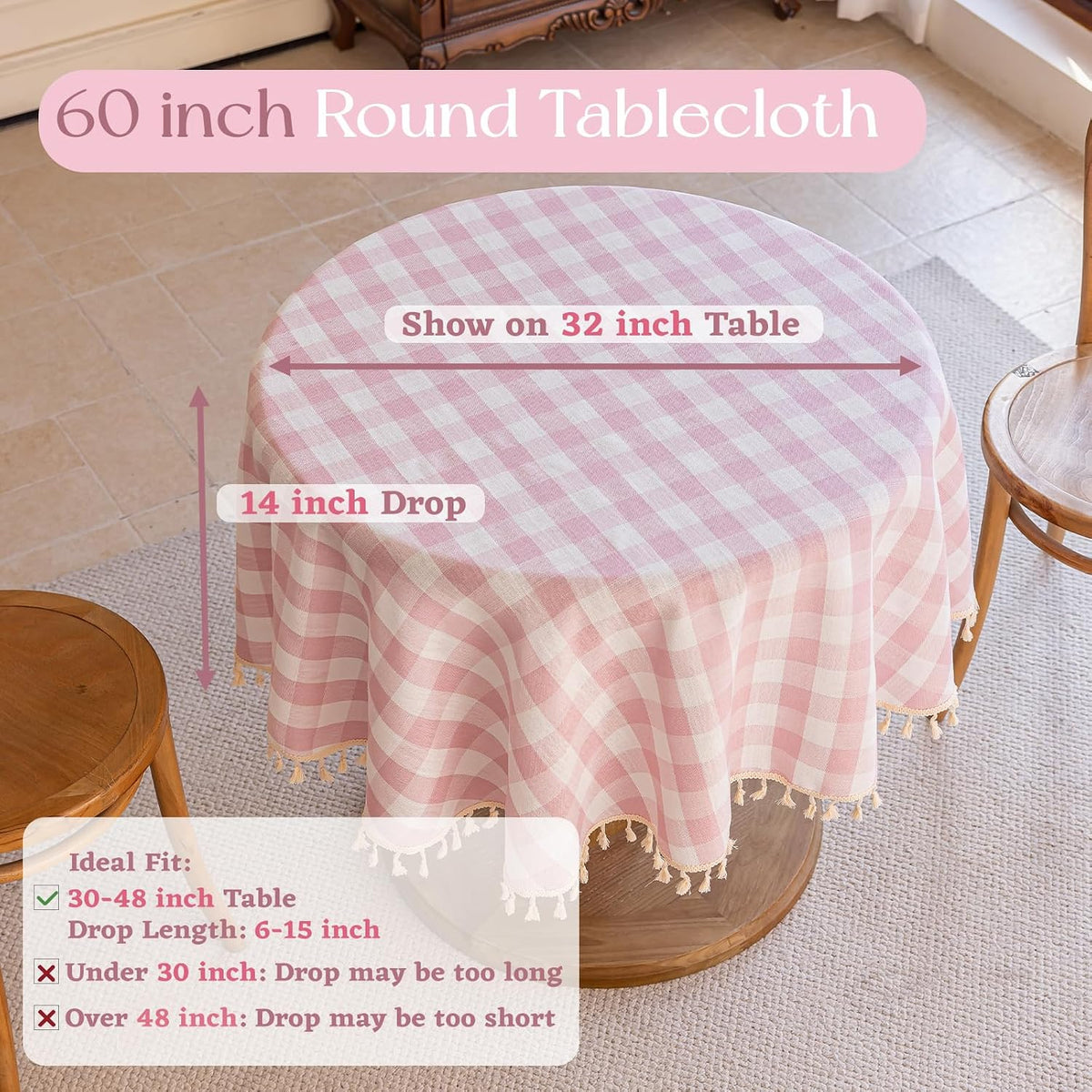 Pink Gingham Tablecloth Round 60 inch, Summer Washable Checkered Plaid Table Cloth Cotton Linen Fabric for Mothers Valentine's Day Outdoor Picnic Party