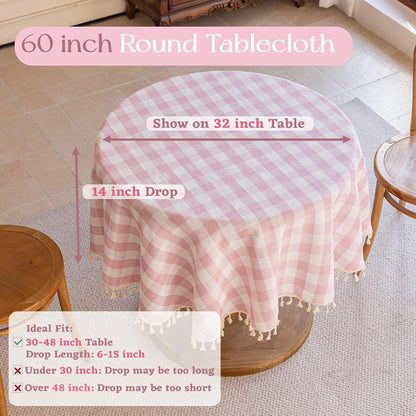 Pink Gingham Tablecloth Round 60 inch, Summer Washable Checkered Plaid Table Cloth Cotton Linen Fabric for Mothers Valentine's Day Outdoor Picnic Party