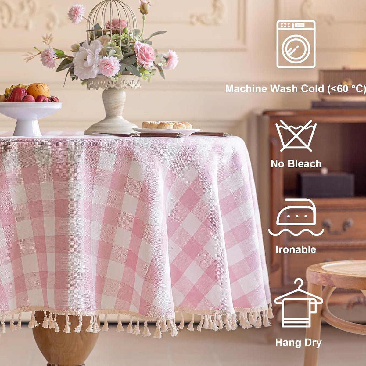 Pink Gingham Tablecloth Round 60 inch, Summer Washable Checkered Plaid Table Cloth Cotton Linen Fabric for Mothers Valentine's Day Outdoor Picnic Party