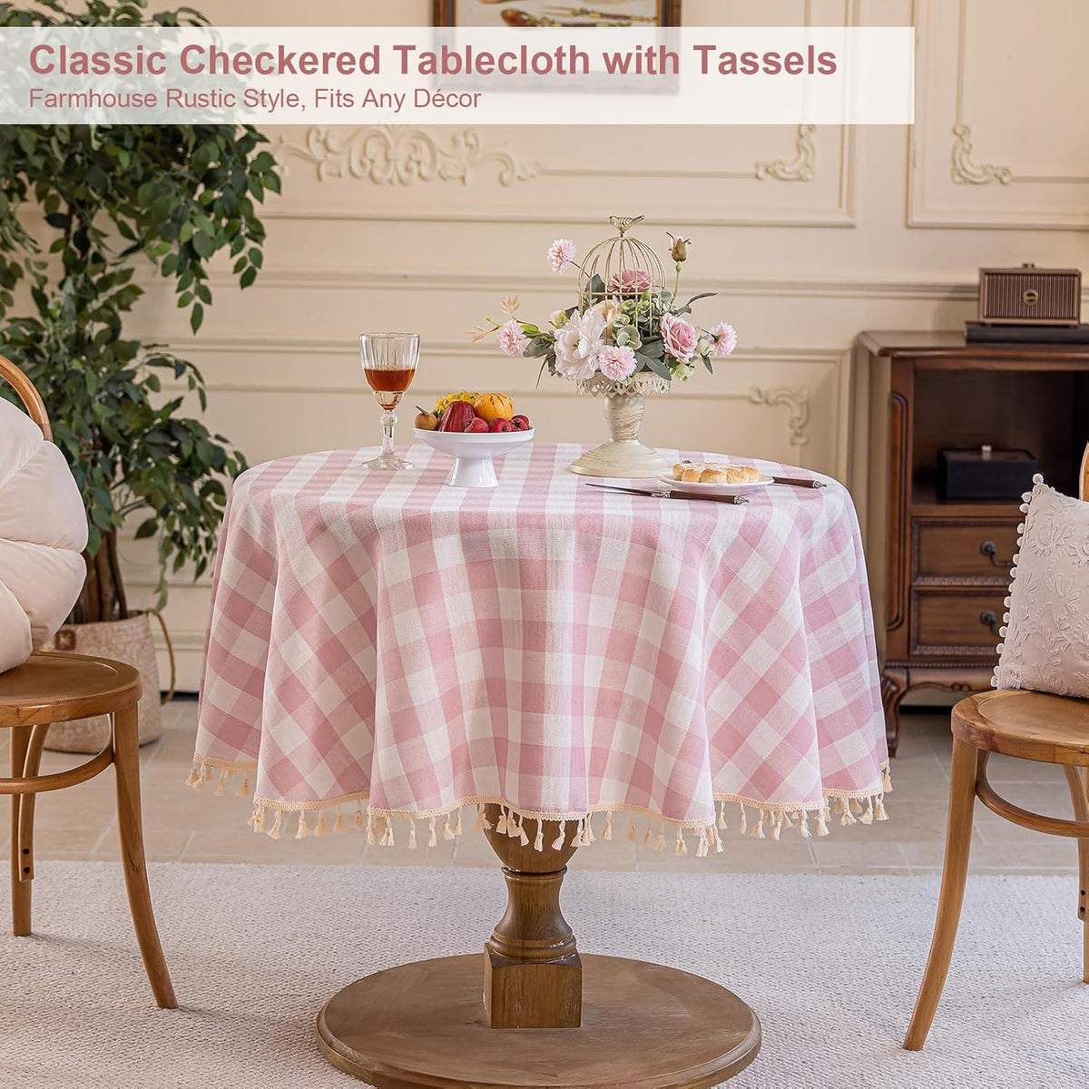 Pink Gingham Tablecloth Round 60 inch, Summer Washable Checkered Plaid Table Cloth Cotton Linen Fabric for Mothers Valentine's Day Outdoor Picnic Party