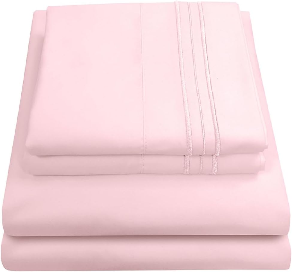 1800 Thread Count Sheet Set – Soft Egyptian Quality Brushed Microfiber Sheets – Luxury Bedding Set with Flat Sheet, Fitted Sheet, Pillow Cases, Queen, Pale Pink, Sheet Set