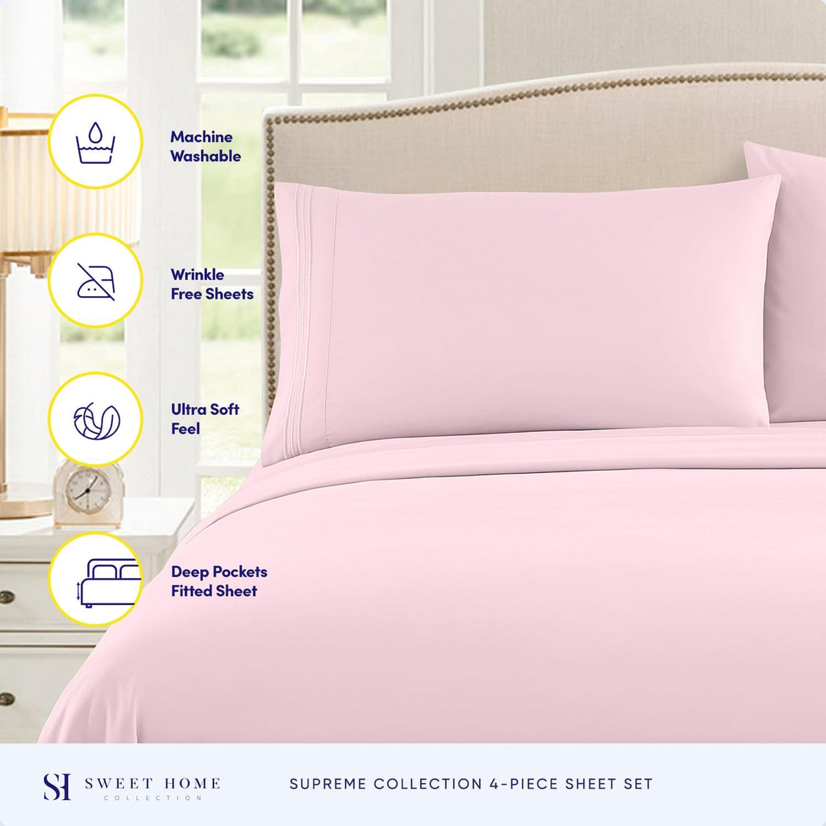1800 Thread Count Sheet Set – Soft Egyptian Quality Brushed Microfiber Sheets – Luxury Bedding Set with Flat Sheet, Fitted Sheet, Pillow Cases, Queen, Pale Pink, Sheet Set