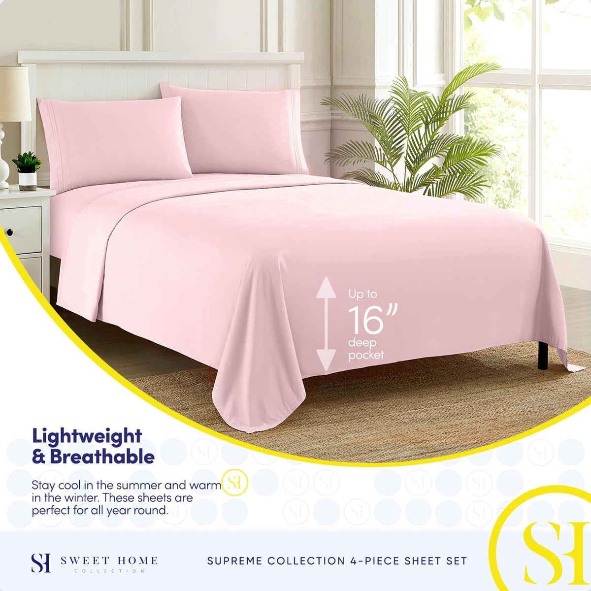1800 Thread Count Sheet Set – Soft Egyptian Quality Brushed Microfiber Sheets – Luxury Bedding Set with Flat Sheet, Fitted Sheet, Pillow Cases, Queen, Pale Pink, Sheet Set