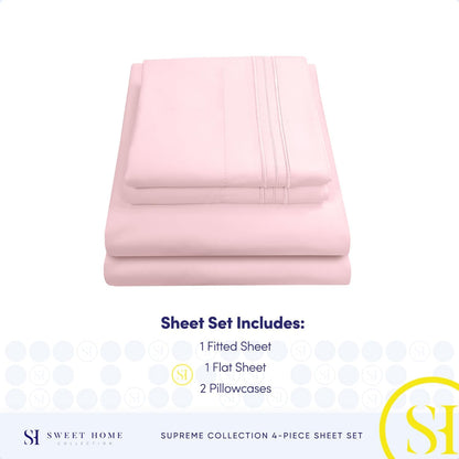 1800 Thread Count Sheet Set – Soft Egyptian Quality Brushed Microfiber Sheets – Luxury Bedding Set with Flat Sheet, Fitted Sheet, Pillow Cases, Queen, Pale Pink, Sheet Set