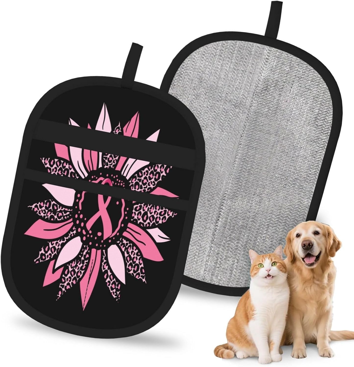 Pink Ribbon Breast Cancer Awareness Sunflower Pet Hair Removal Glove Dogs Hair Remover Glove Cats Fur Removal Tool with Hanging Loop for Couch 6.7X9.5 in