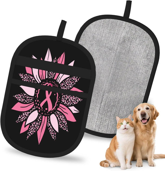 Pink Ribbon Breast Cancer Awareness Sunflower Pet Hair Removal Glove Dogs Hair Remover Glove Cats Fur Removal Tool with Hanging Loop for Couch 6.7X9.5 in