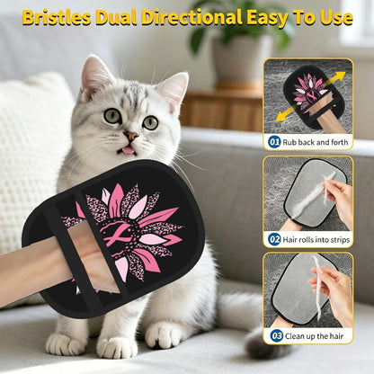 Pink Ribbon Breast Cancer Awareness Sunflower Pet Hair Removal Glove Dogs Hair Remover Glove Cats Fur Removal Tool with Hanging Loop for Couch 6.7X9.5 in