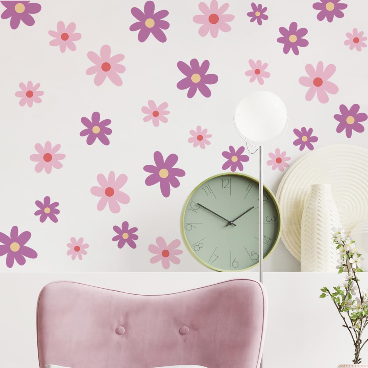 Pink Purple Daisy Flower Wall Art Stickers Boho Floral Wall Decals for Nursery, Living Room, Girls Bedroom