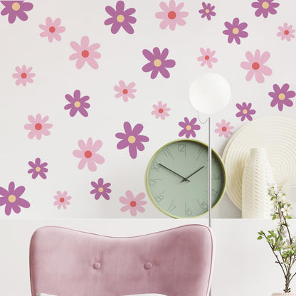 Pink Purple Daisy Flower Wall Art Stickers Boho Floral Wall Decals for Nursery, Living Room, Girls Bedroom
