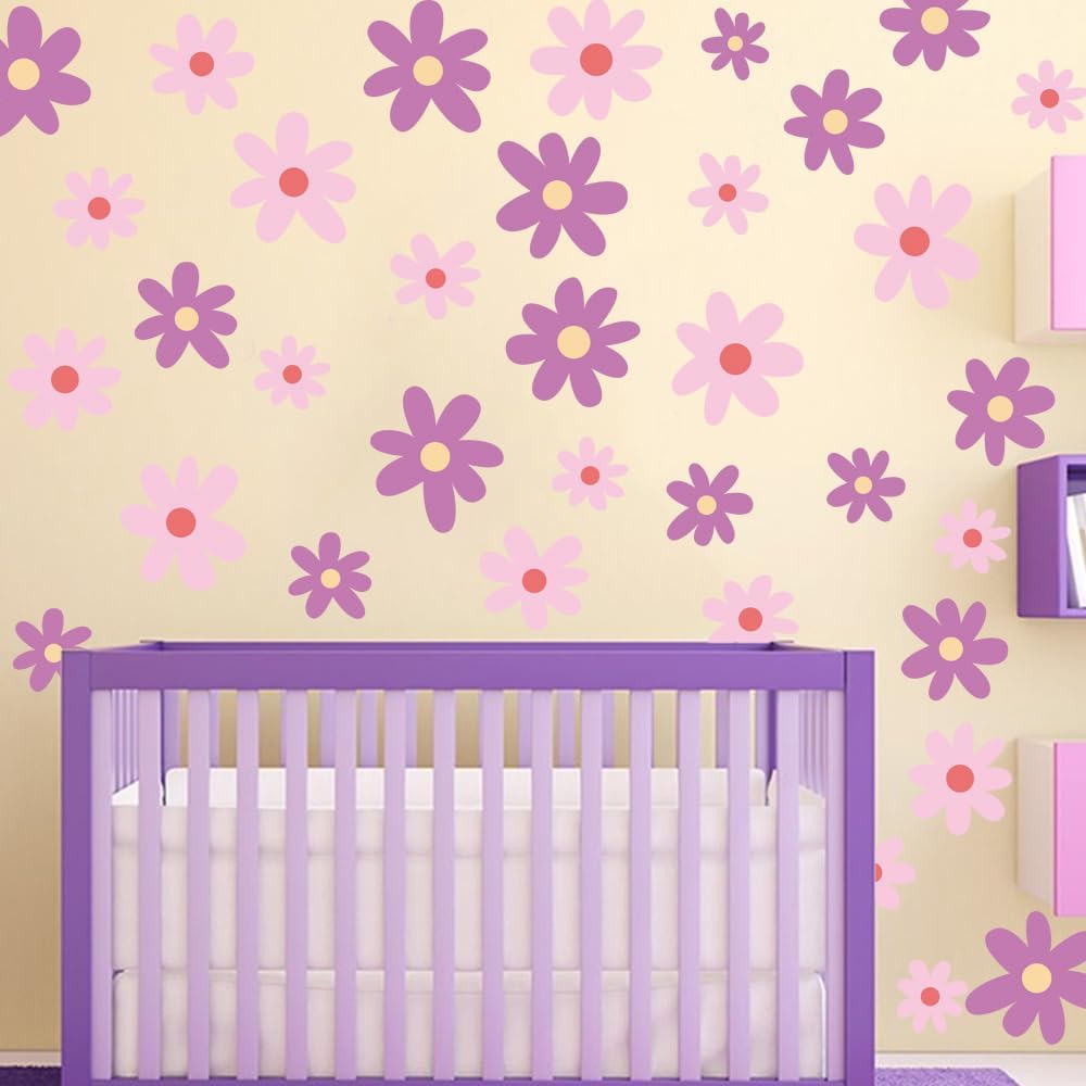 Pink Purple Daisy Flower Wall Art Stickers Boho Floral Wall Decals for Nursery, Living Room, Girls Bedroom