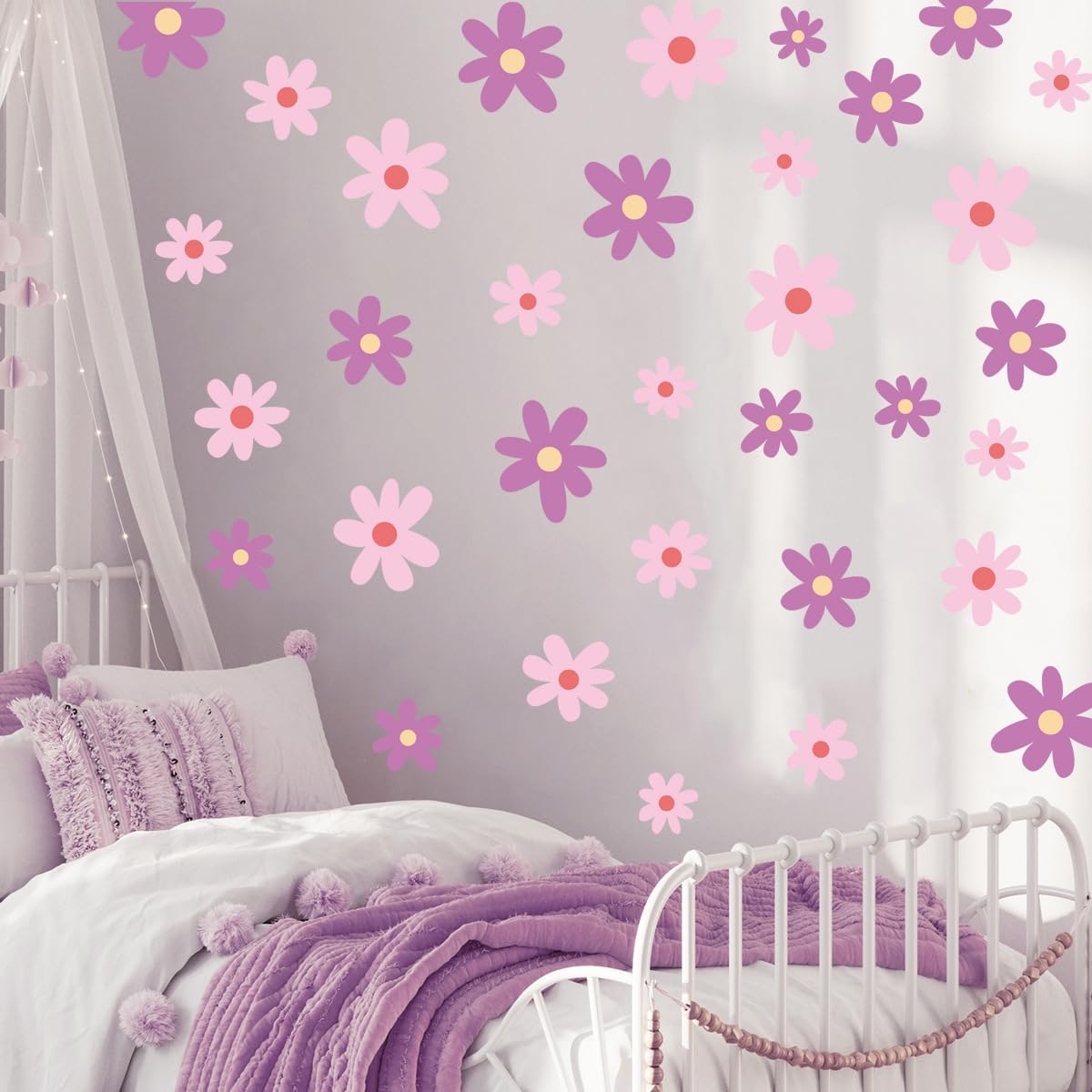 Pink Purple Daisy Flower Wall Art Stickers Boho Floral Wall Decals for Nursery, Living Room, Girls Bedroom