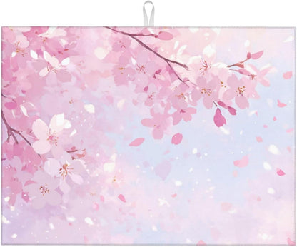 Dish Drying Mat Japanese Art Cherry Blossom Pink for Kitchen Counter Absorbent 18x24 Inch Microfiber Dishes Plate Glass Dry Draining Pad Reversible Washable