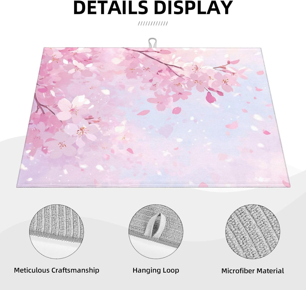 Dish Drying Mat Japanese Art Cherry Blossom Pink for Kitchen Counter Absorbent 18x24 Inch Microfiber Dishes Plate Glass Dry Draining Pad Reversible Washable
