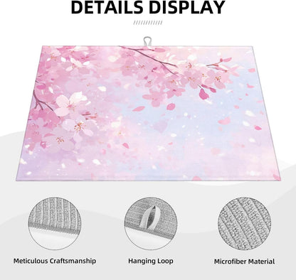 Dish Drying Mat Japanese Art Cherry Blossom Pink for Kitchen Counter Absorbent 18x24 Inch Microfiber Dishes Plate Glass Dry Draining Pad Reversible Washable