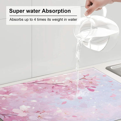 Dish Drying Mat Japanese Art Cherry Blossom Pink for Kitchen Counter Absorbent 18x24 Inch Microfiber Dishes Plate Glass Dry Draining Pad Reversible Washable