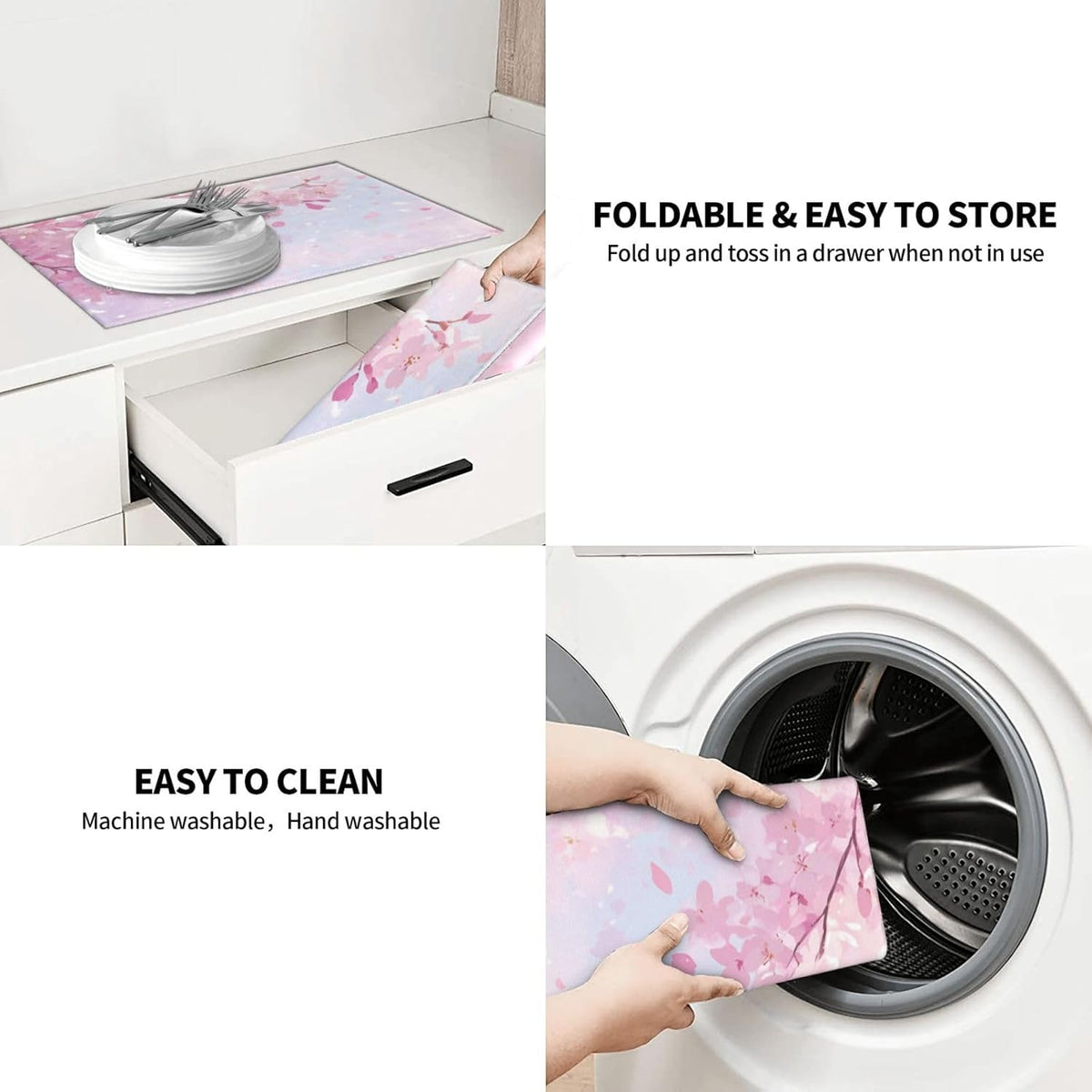 Dish Drying Mat Japanese Art Cherry Blossom Pink for Kitchen Counter Absorbent 18x24 Inch Microfiber Dishes Plate Glass Dry Draining Pad Reversible Washable