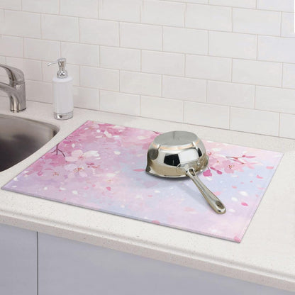 Dish Drying Mat Japanese Art Cherry Blossom Pink for Kitchen Counter Absorbent 18x24 Inch Microfiber Dishes Plate Glass Dry Draining Pad Reversible Washable
