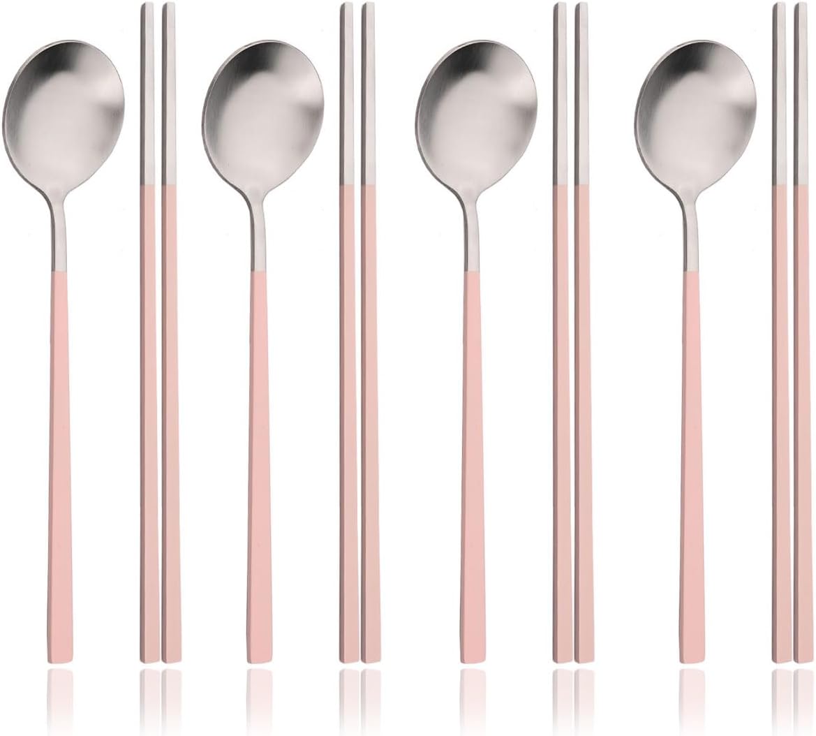 8-piece Pink Korean Chopstick and Spoon Set Service for 4 Matte Stainless Steel Flat Chopsticks Soup Spoons Set Satin Finished Dishwasher Safe for Noodles Sushi