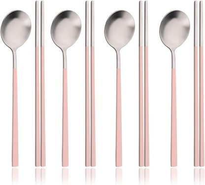 8-piece Pink Korean Chopstick and Spoon Set Service for 4 Matte Stainless Steel Flat Chopsticks Soup Spoons Set Satin Finished Dishwasher Safe for Noodles Sushi