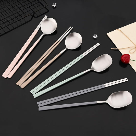 8-piece Pink Korean Chopstick and Spoon Set Service for 4 Matte Stainless Steel Flat Chopsticks Soup Spoons Set Satin Finished Dishwasher Safe for Noodles Sushi