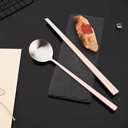8-piece Pink Korean Chopstick and Spoon Set Service for 4 Matte Stainless Steel Flat Chopsticks Soup Spoons Set Satin Finished Dishwasher Safe for Noodles Sushi