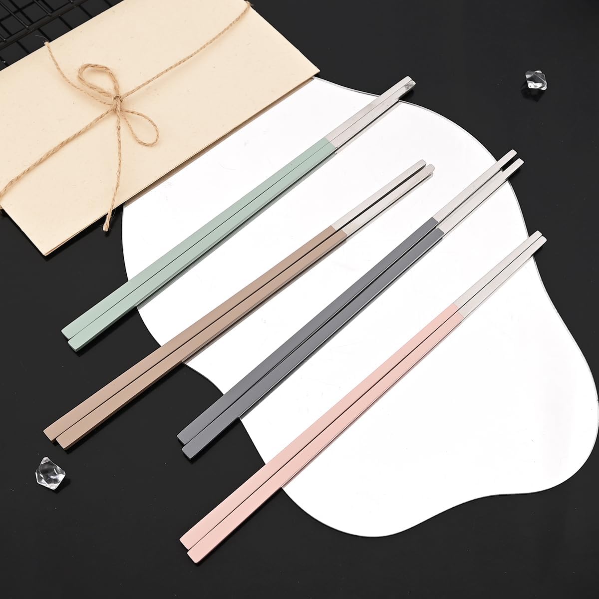8-piece Pink Korean Chopstick and Spoon Set Service for 4 Matte Stainless Steel Flat Chopsticks Soup Spoons Set Satin Finished Dishwasher Safe for Noodles Sushi