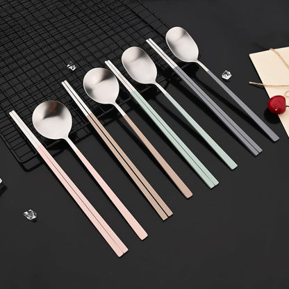 8-piece Pink Korean Chopstick and Spoon Set Service for 4 Matte Stainless Steel Flat Chopsticks Soup Spoons Set Satin Finished Dishwasher Safe for Noodles Sushi