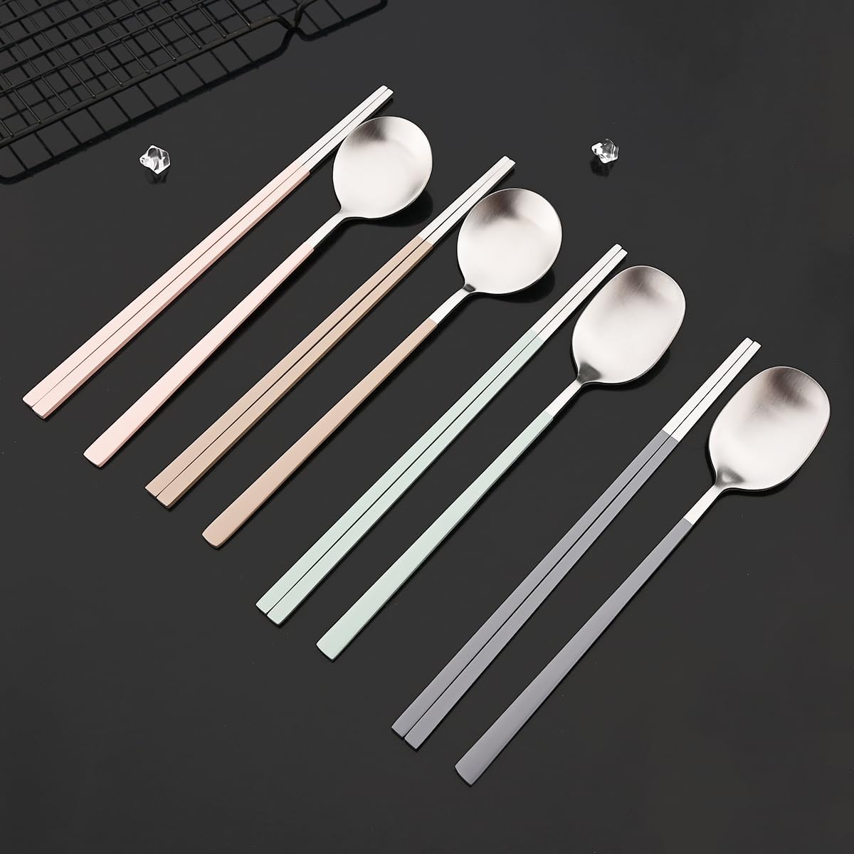 8-piece Pink Korean Chopstick and Spoon Set Service for 4 Matte Stainless Steel Flat Chopsticks Soup Spoons Set Satin Finished Dishwasher Safe for Noodles Sushi