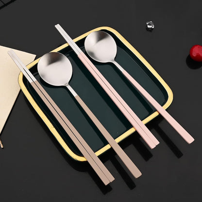 8-piece Pink Korean Chopstick and Spoon Set Service for 4 Matte Stainless Steel Flat Chopsticks Soup Spoons Set Satin Finished Dishwasher Safe for Noodles Sushi